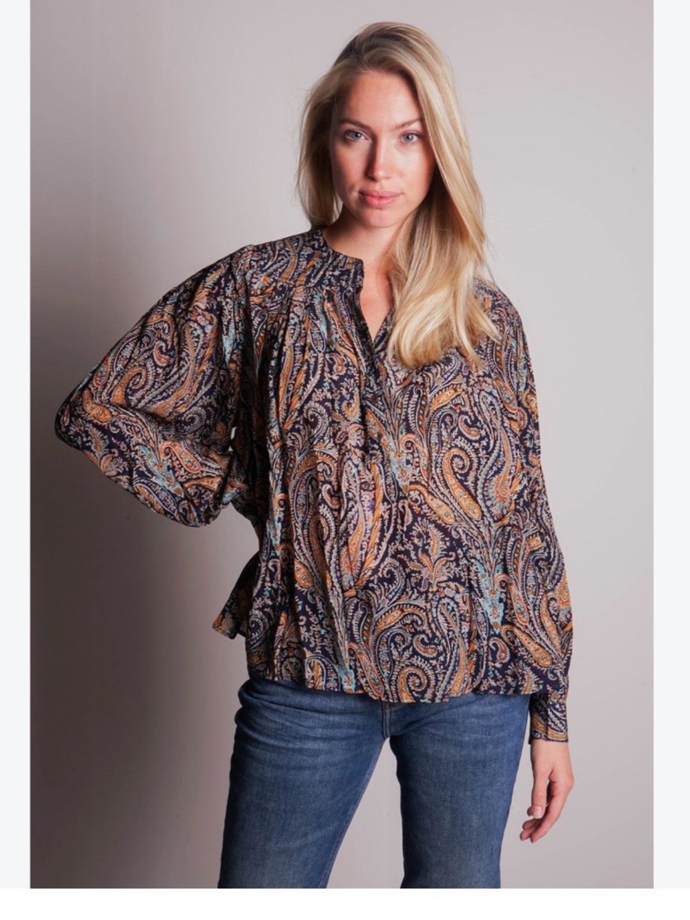 Antik Batik Paisley Peasant Blouse - Navy, Tan & Light Blue Sz M40 nwt